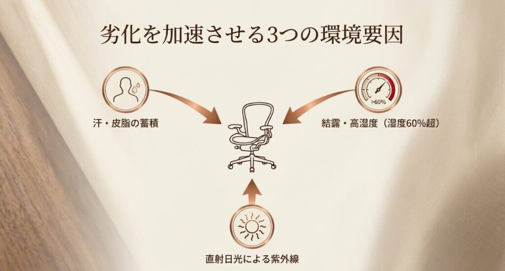 汗・皮脂、高湿度（60%超）、直射日光の3つが加水分解を加速させる要因であることを示す図解。