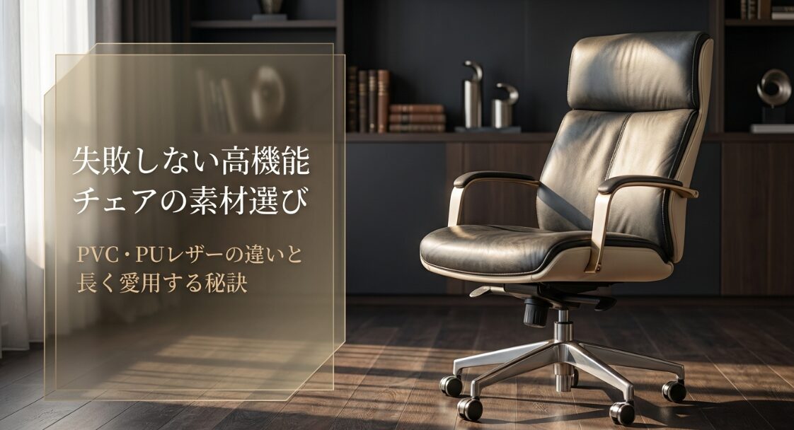 失敗しない高機能チェアの素材選び、PVC・PUレザーの違いと長く愛用する秘訣を解説するスライドの表紙
