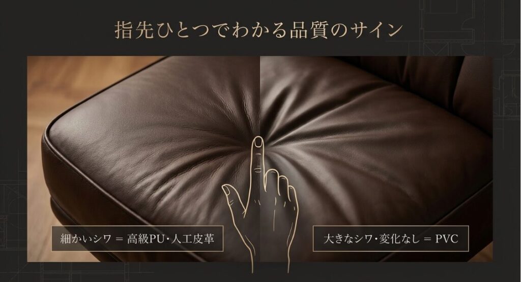 指で押した際の細かいシワ（高級PU・人工皮革）と大きなシワ・変化なし（PVC）の違いを示す図解
