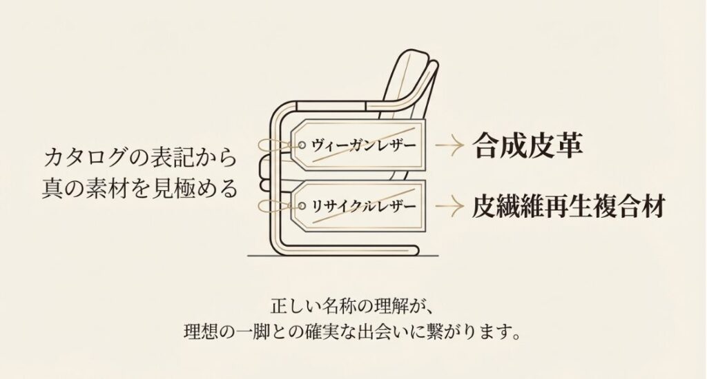 ヴィーガンレザーが合成皮革へ、リサイクルレザーが皮繊維再生複合材へと変更された名称定義の図解