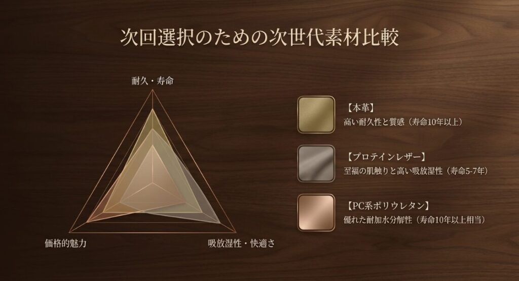 耐久性、価格、快適さの観点から本革と従来品、次世代PC系ポリウレタンを比較したレーダーチャート。