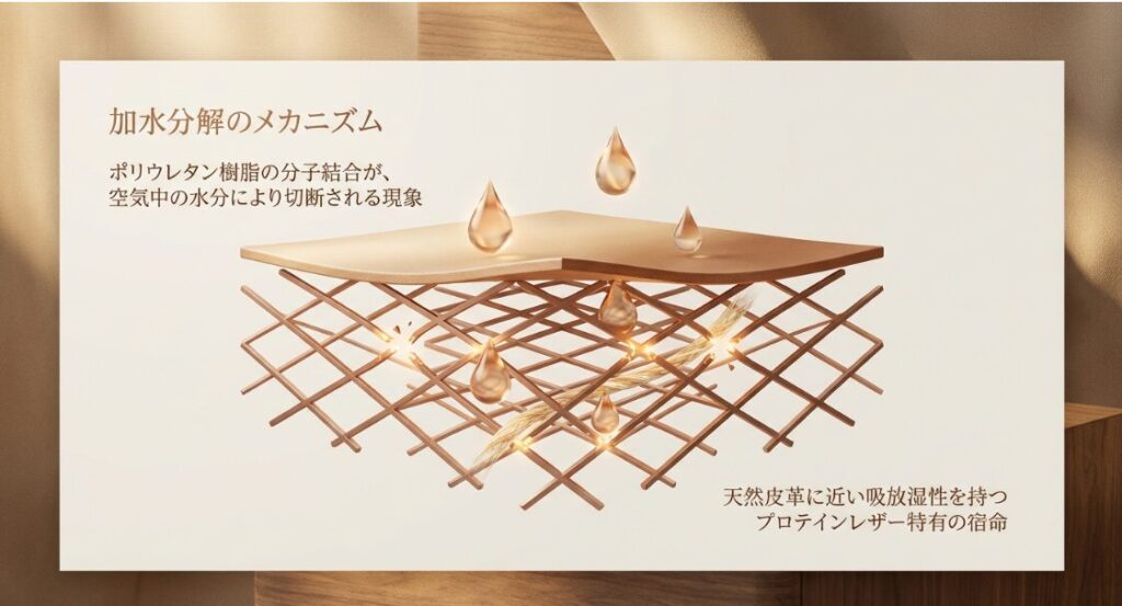 ポリウレタン樹脂の分子結合が空気中の水分によって切断される加水分解の仕組みを説明した図解。