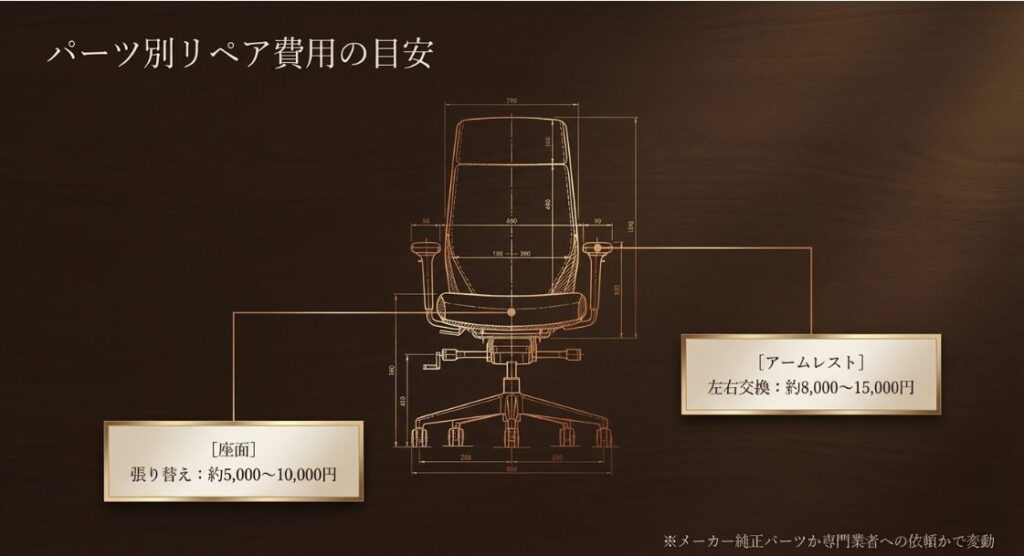 座面の張り替え（5,000円〜）やアームレスト交換（8,000円〜）の費用目安を示したスライド。