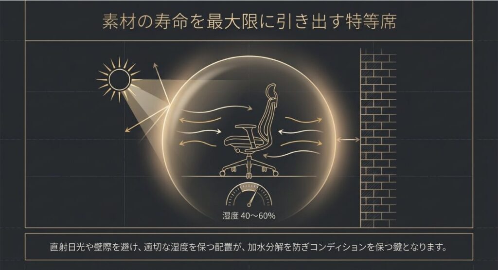 直射日光を避け、壁から離して配置し、湿度40〜60%を保つチェアの保管環境イメージ