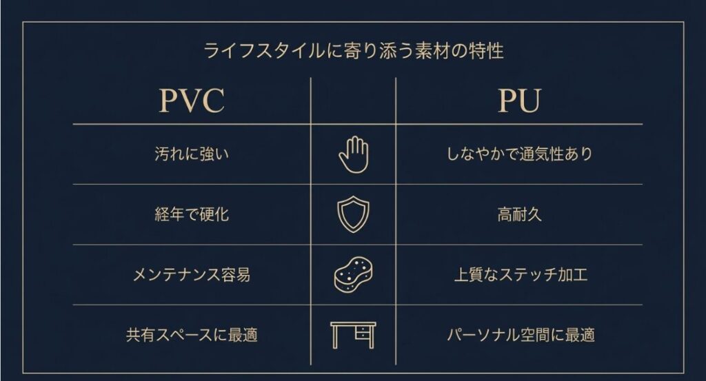 PVCとPUレザーの汚れへの強さ、硬化、通気性、耐久性、推奨シーンをまとめた比較表