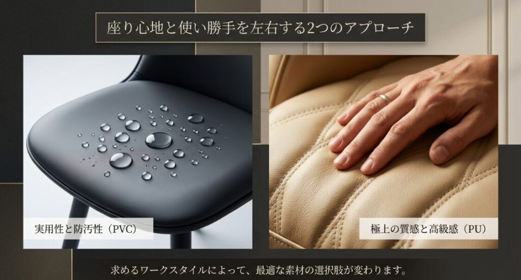 水を弾くPVCレザーの実用性と、手に馴染むPUレザーの高級感を比較したイメージ画像