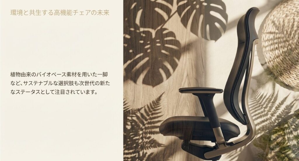 植物と共生するイメージの背景に置かれた、環境負荷を抑えたサステナブルな高機能チェア